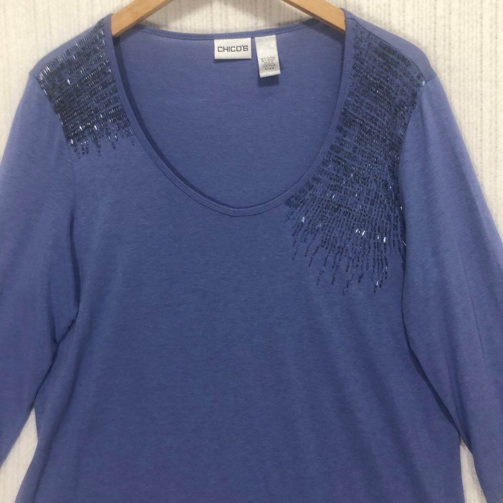 Chico's Embellished Top Beaded Detail 3/4 Sleeve‎ Periwinkle Blue Size 2